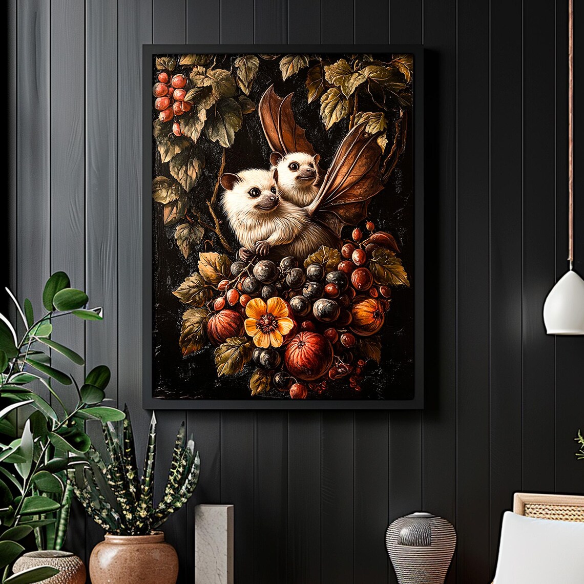 Two Cute White Bats Among Autumn Berries and Leaves Whimsical Fall Poster - Image 2