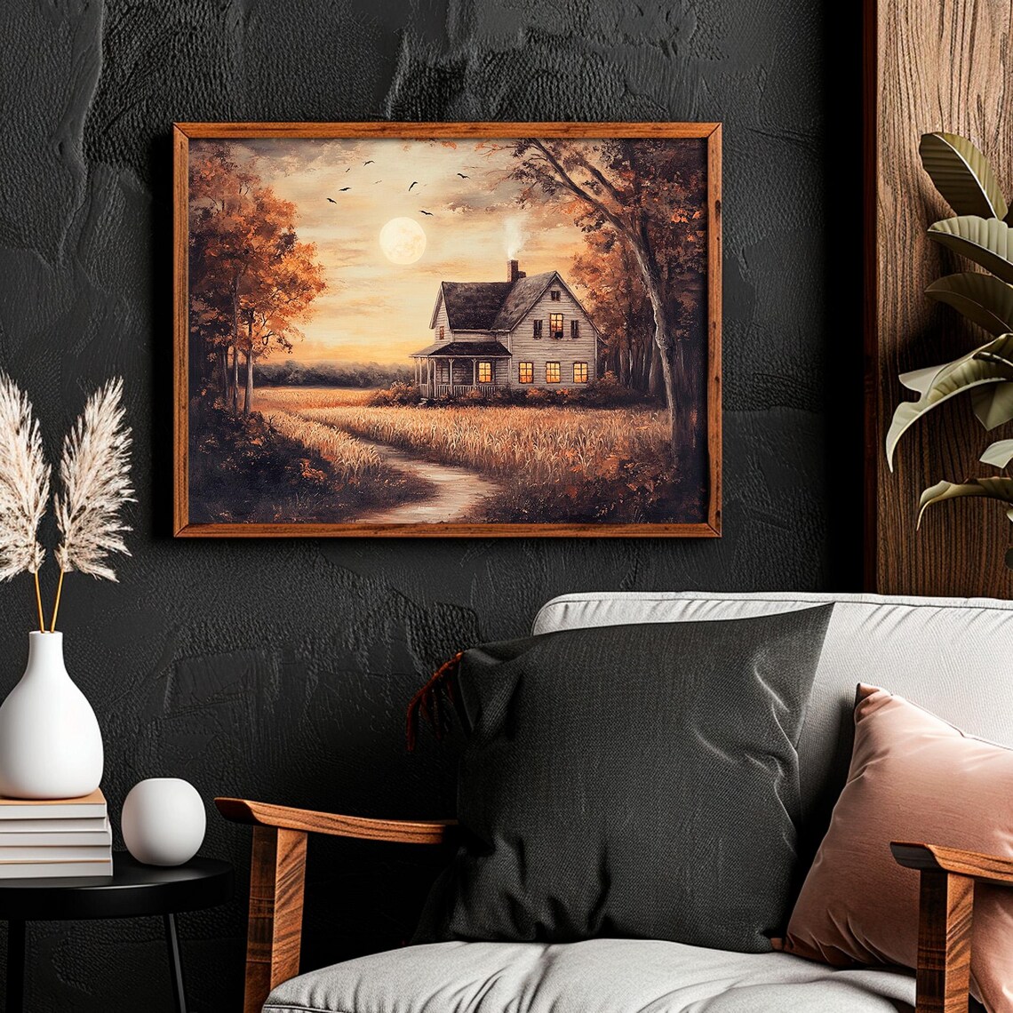 Country Farmhouse Full Moon Birds Wheat Field Glowing Windows Poster - Image 6