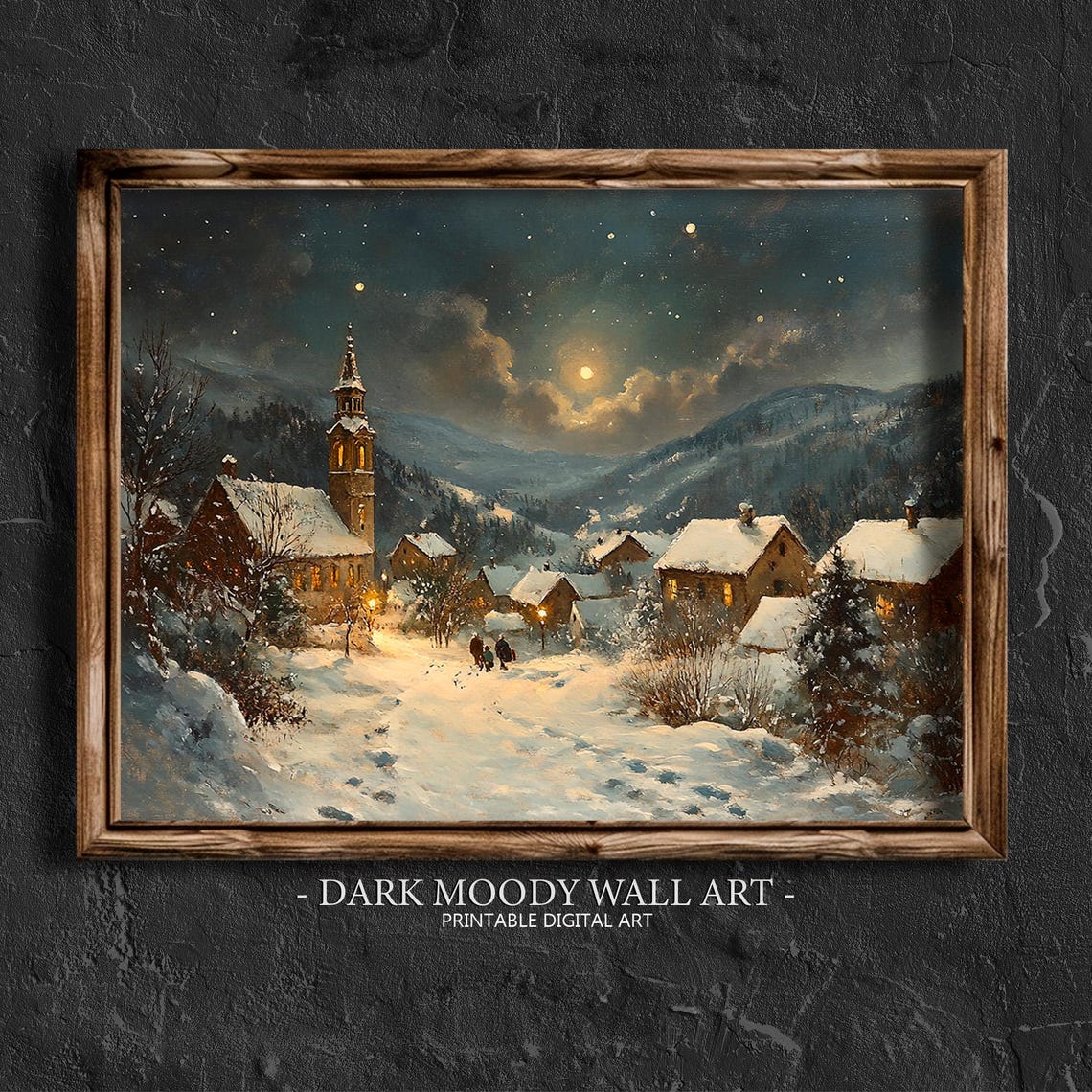 Snowy Village Church Starry Night Mountain Winter Painting Poster