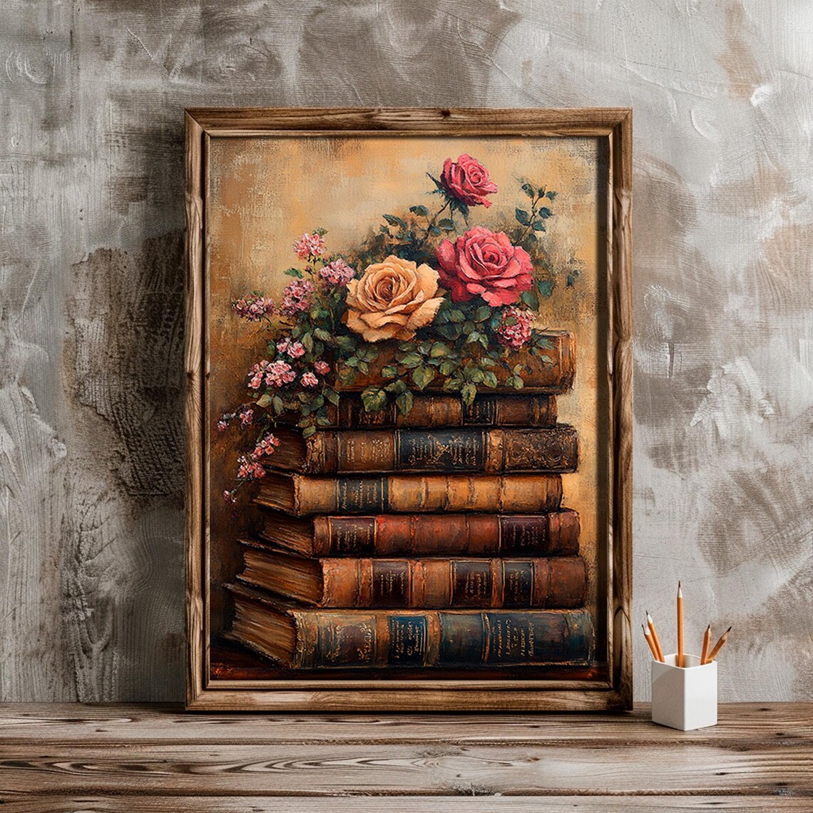 Romantic Stacked Books Floral Still Life Art Print - Image 2