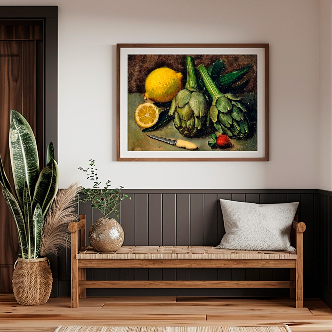 Artichoke Lemon Still Life Vintage Oil Painting Knife Rustic Poster - Image 5