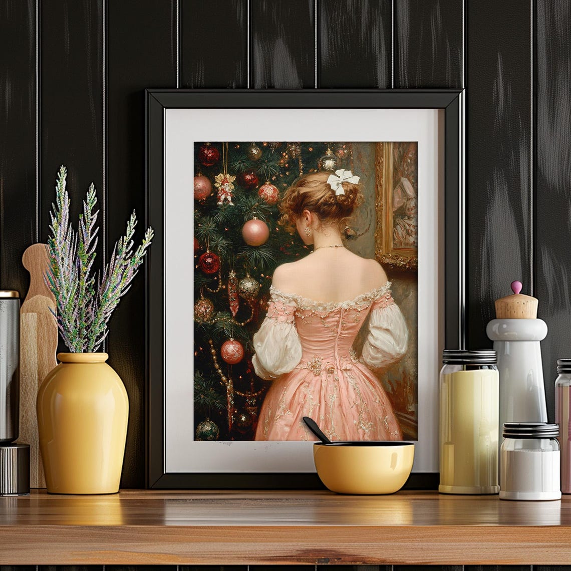 Victorian Lady In Pink Gown Christmas Tree Vintage Portrait Wall Art - Image 4