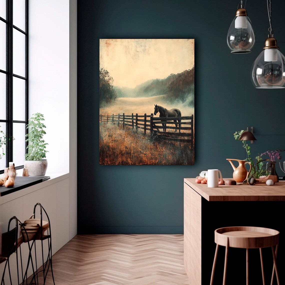 Black Horse Vintage Foggy Landscape Art Print - Image 2