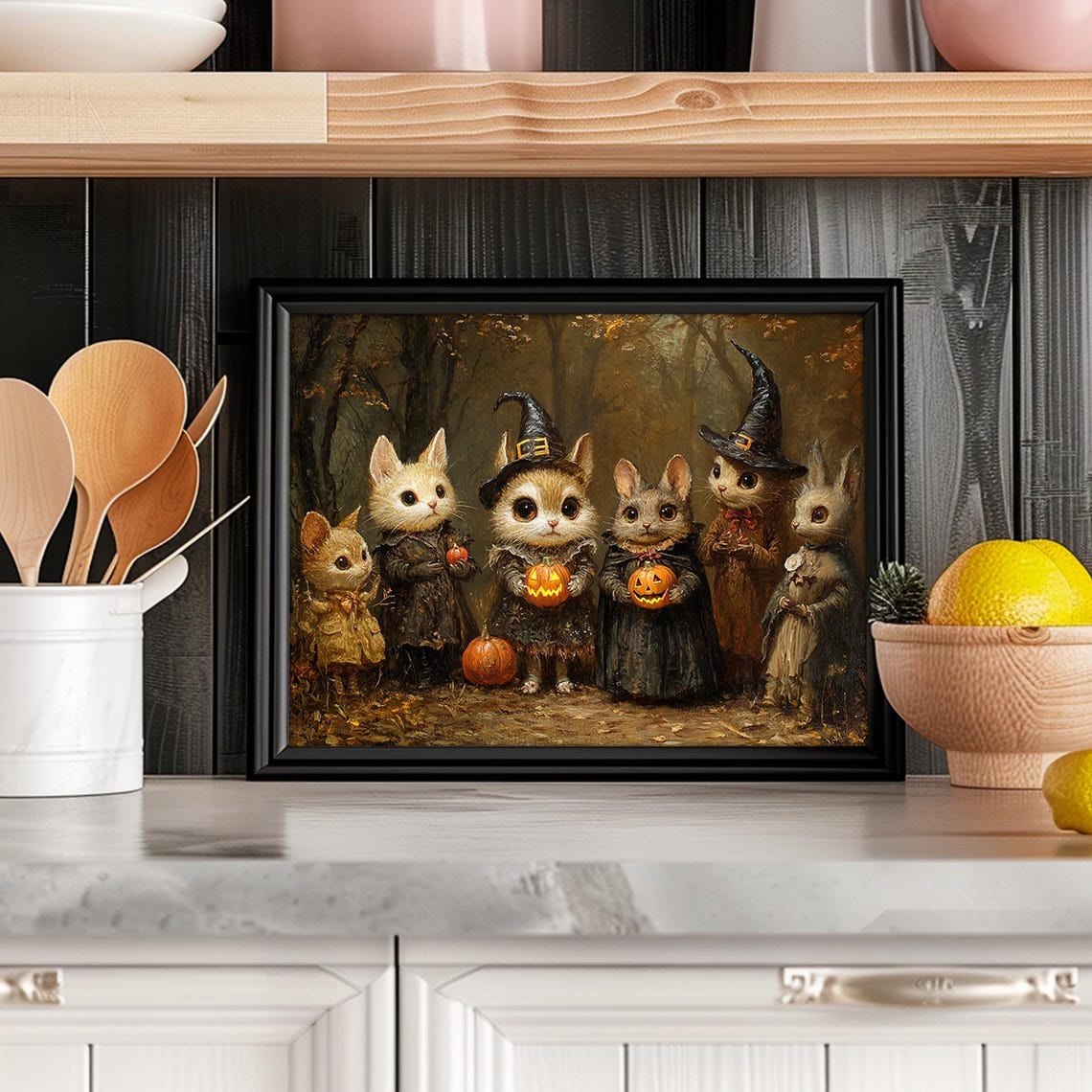 Kittens in Witch Hats Holding Pumpkins Forest Halloween Group Poster - Image 6