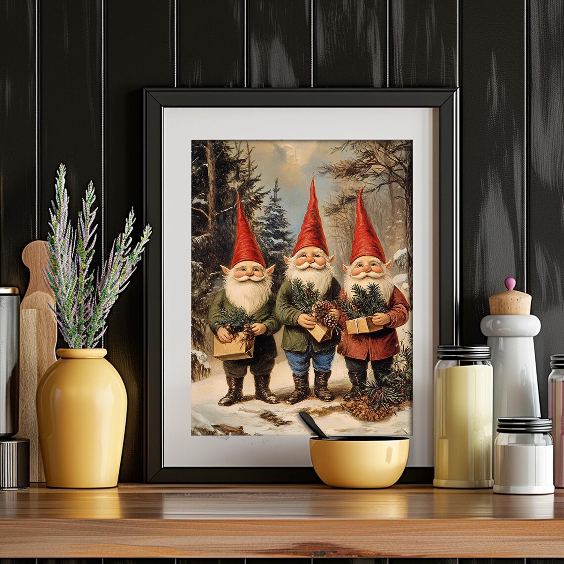 Christmas Gnomes Snowy Forest Trio Vintage Winter Painting Poster - Image 6