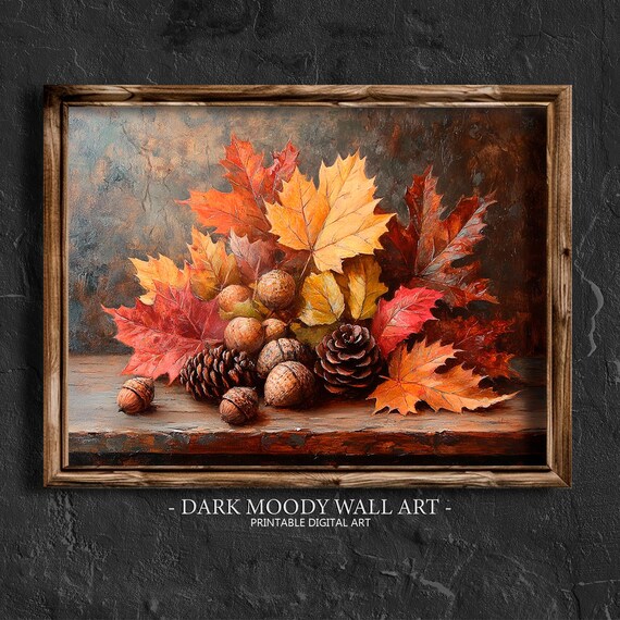 Fall Leaves With Acorns Pinecones on Wooden Table Vintage Still Life Poster