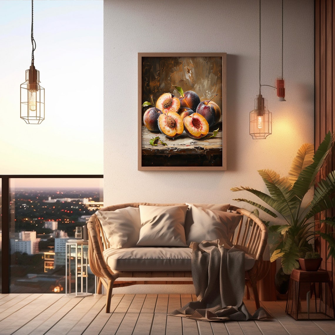 Peach Painting Dark Moody Art Kitchen Fruit Still Life Print Wall Art - Image 2