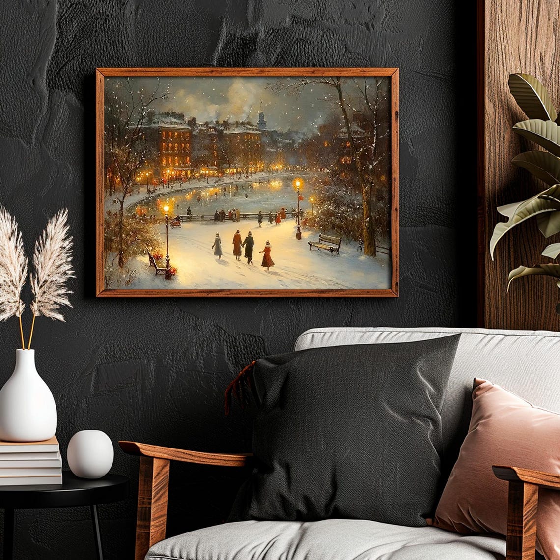 Victorian Winter Park Frozen Pond Skaters Night Glow Scene Poster - Image 2