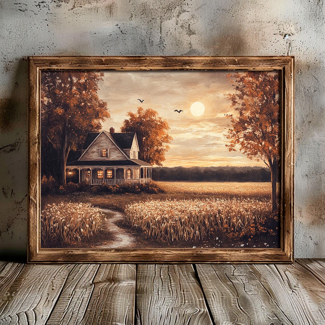 Moody Farmhouse Sunset Crows Wheat Field Autumn Evening Landscape Poster - Image 2