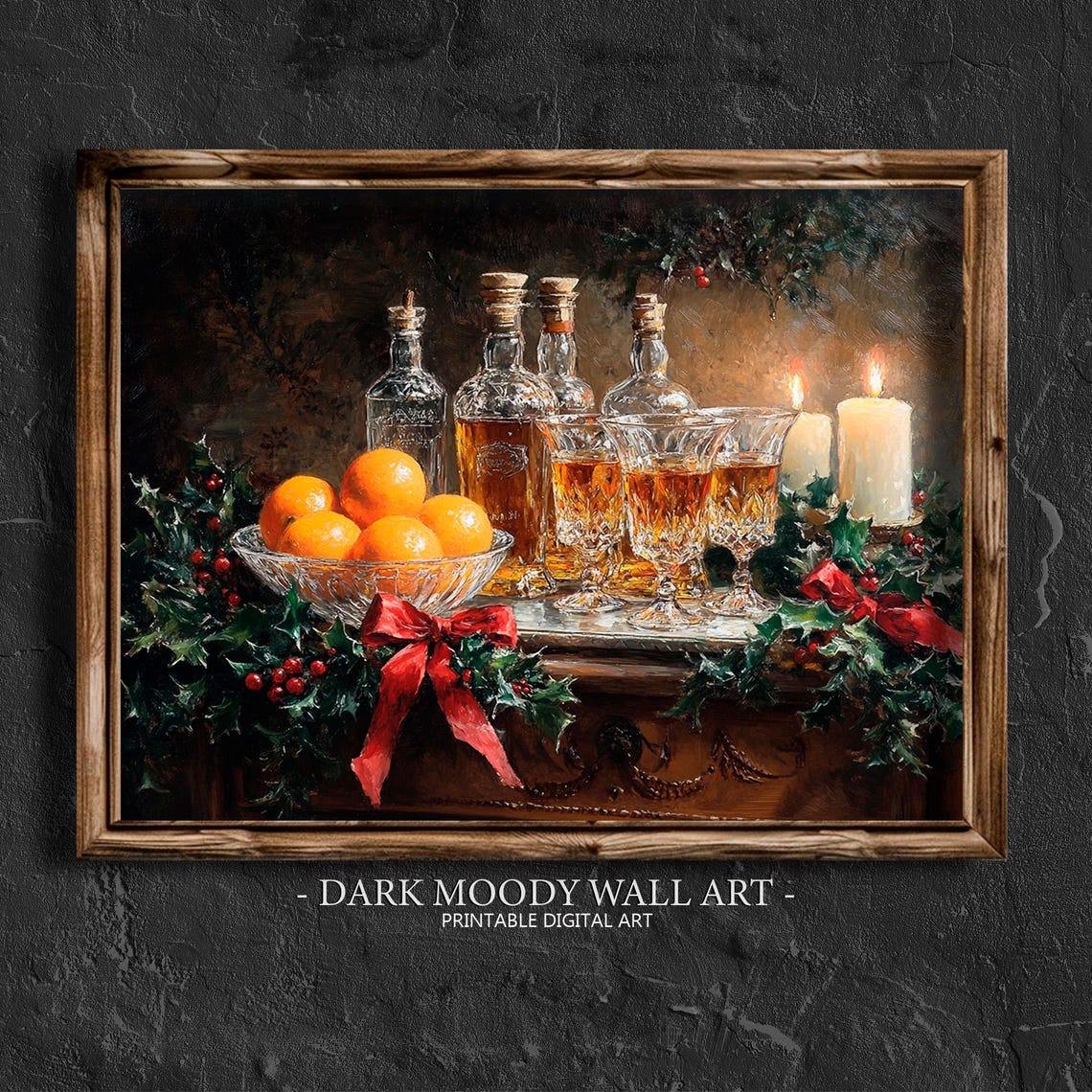 Christmas Whiskey Bar Cart Decanters Holly Candles Moody Poster