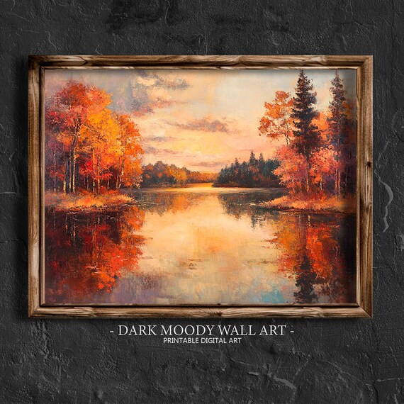 Sunset Over Autumn Lake With Fiery Reflections Rustic Waterscape Poster