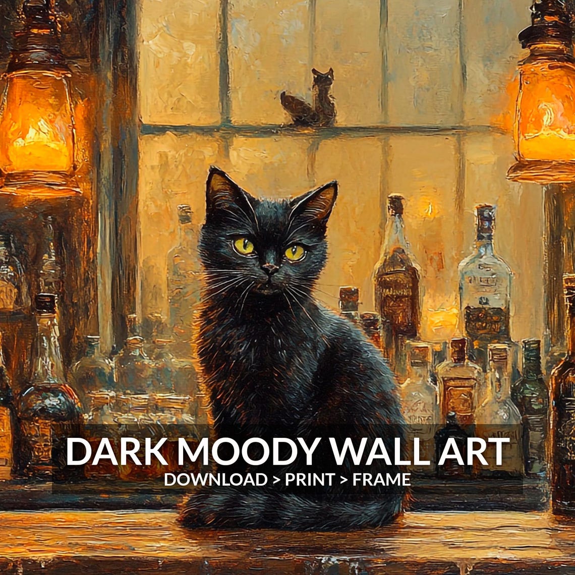 Black Cat Old Tavern Bar Counter Scene Moody Candlelit Wall Art - Image 6