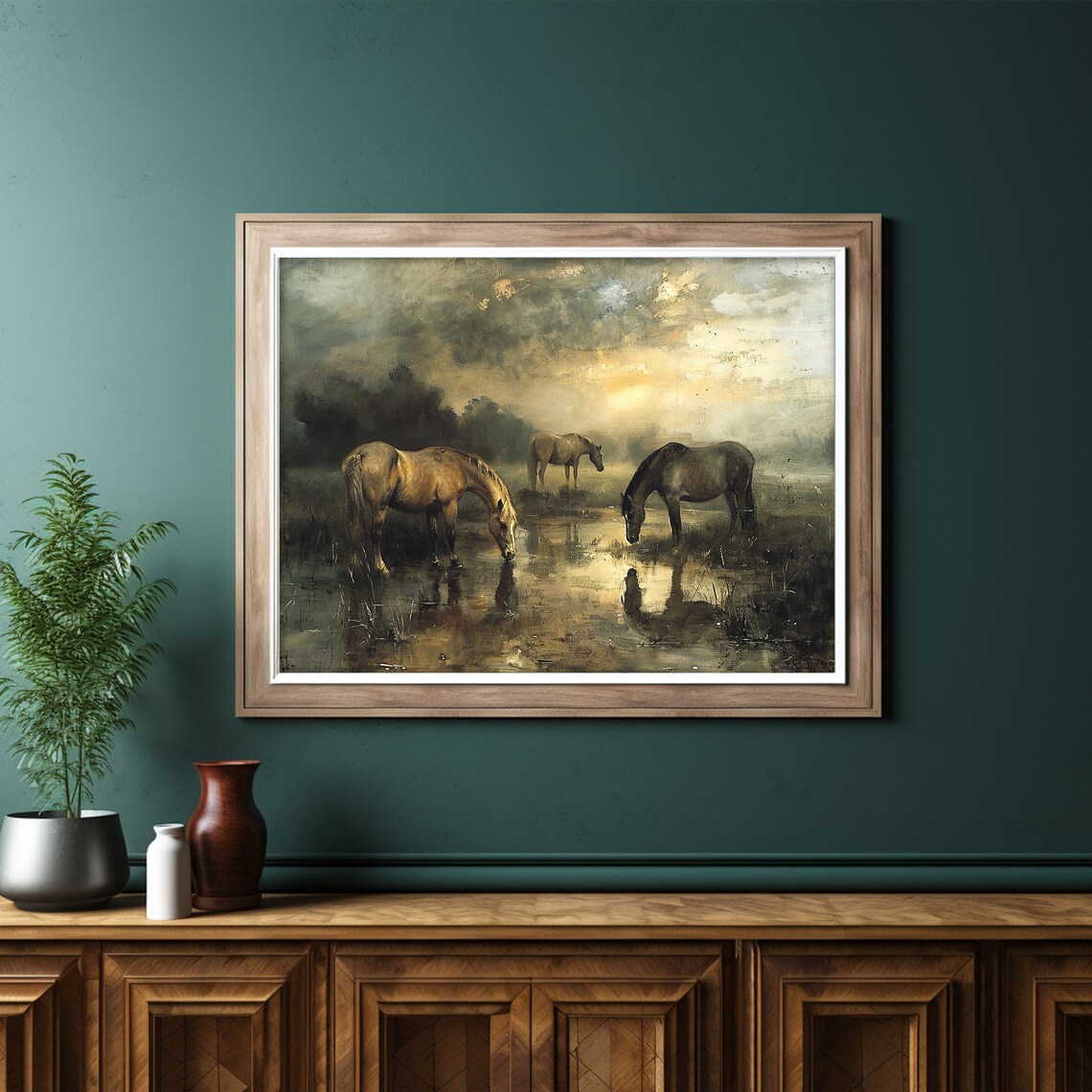 Horses Drinking Watering Hole Misty Golden Morning Painting Poster - Image 6