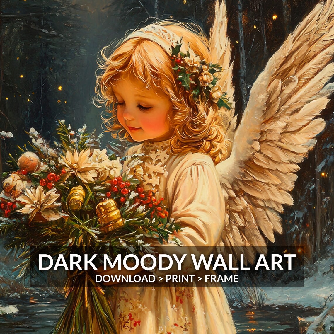 Angel Girl Holding Christmas Bouquet Snowy Forest Painting Poster - Image 6