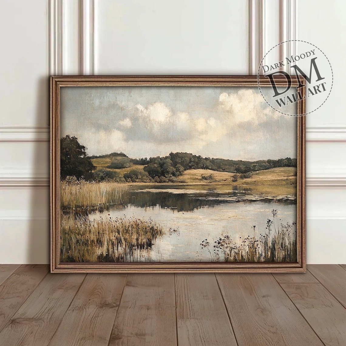 Reed Lake Rolling Hills Cloudy Sky Vintage Landscape Oil Art Poster