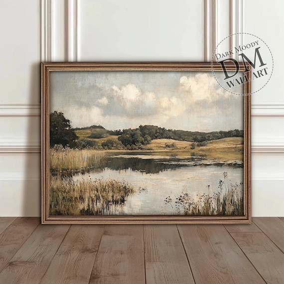 Reed Lake Rolling Hills Cloudy Sky Vintage Landscape Oil Art Poster