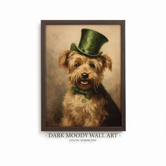 Dog Wearing Green Top Hat St Patricks Day Pet Portrait Poster