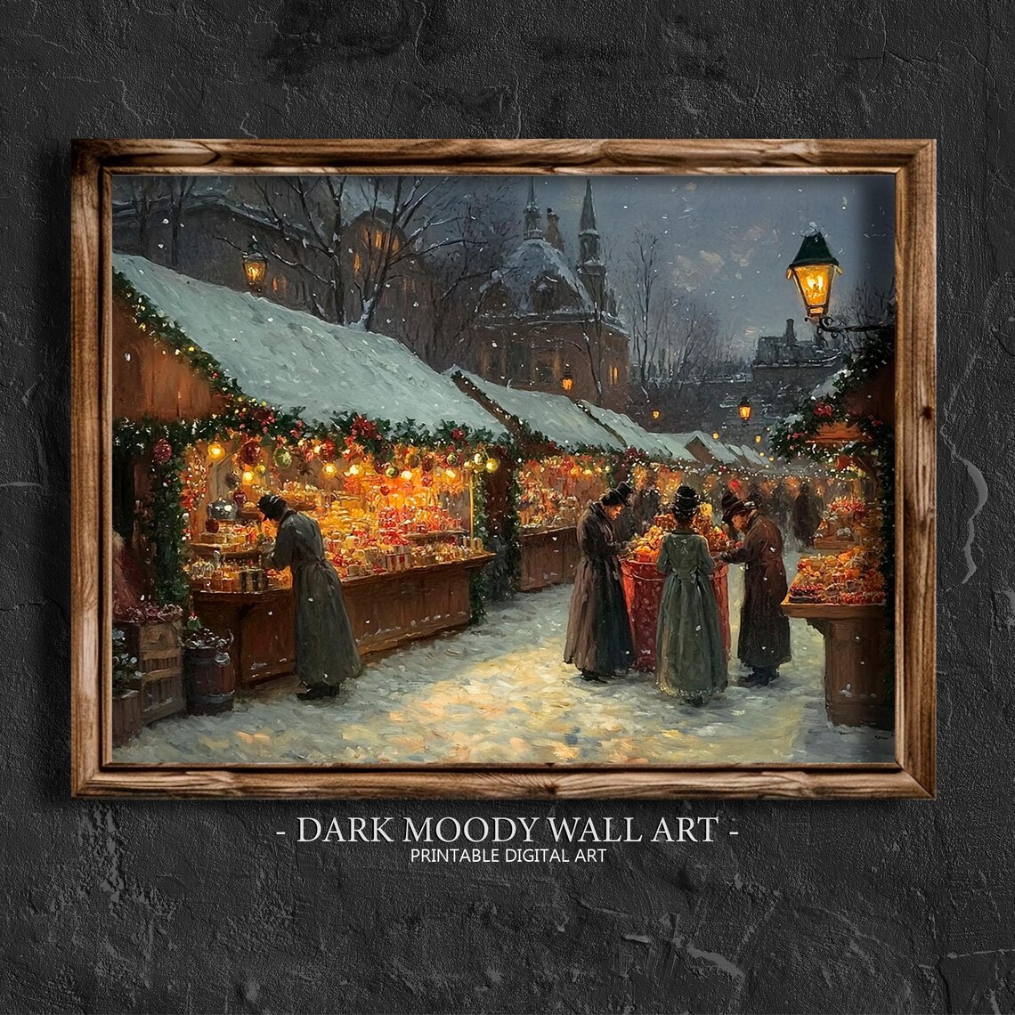 Christmas Street Market at Night With Glowing Stalls Wall Art