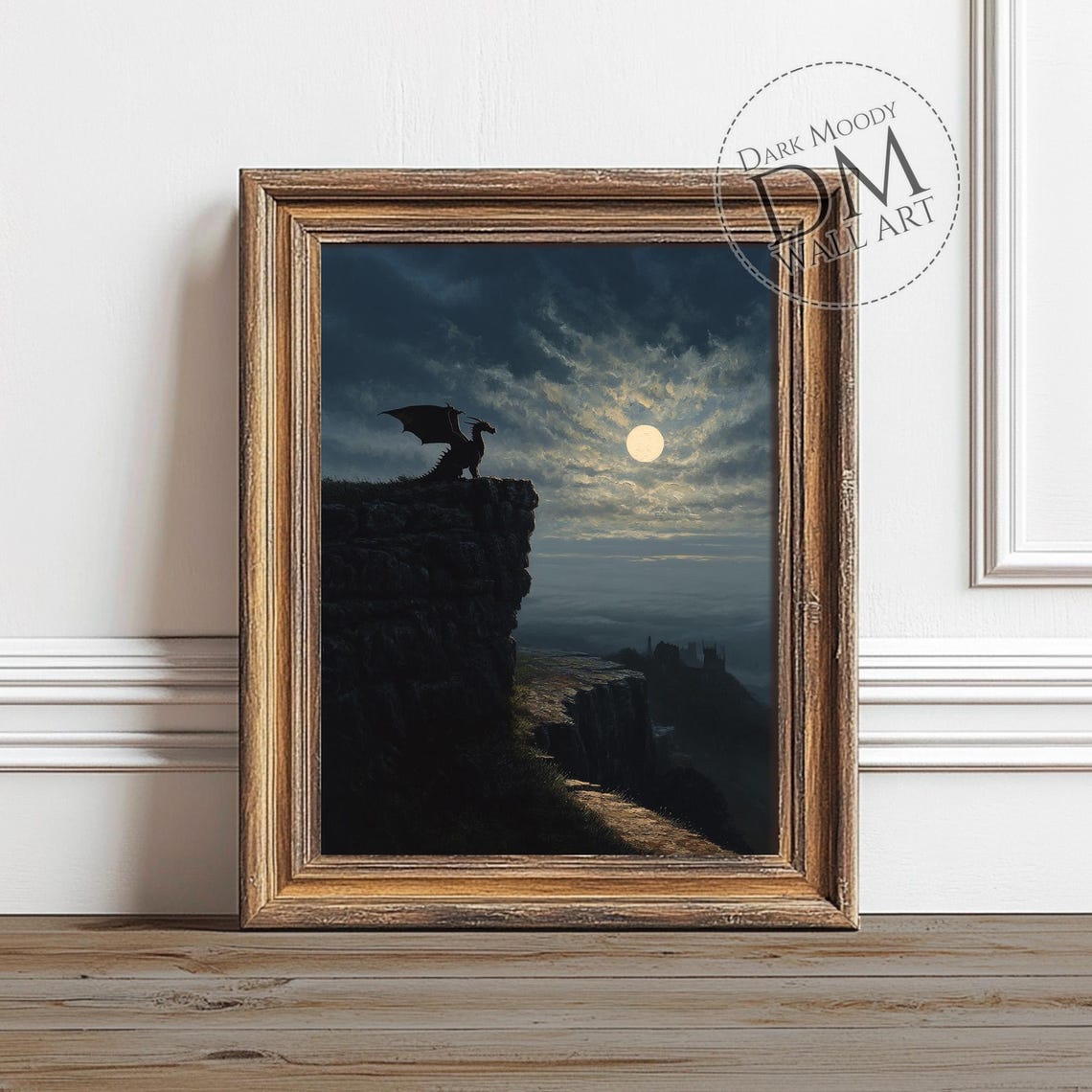 Dragon Moonlit Cliff Silhouette Dark Gothic Fantasy Night Art Poster