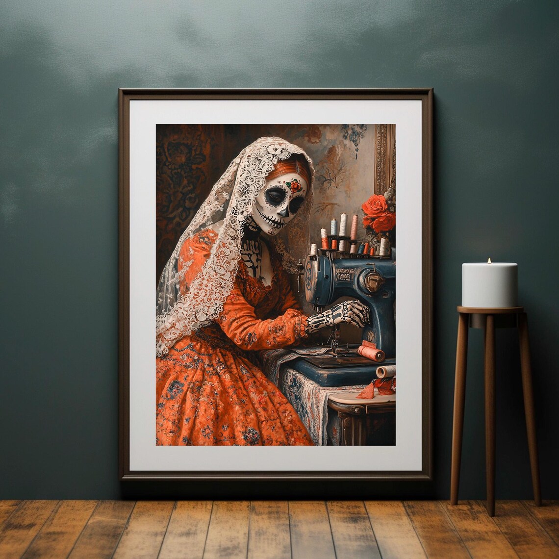 Day of the Dead Catrina Seamstress Sewing Machine Sugar Skull Portrait Poster - Image 4