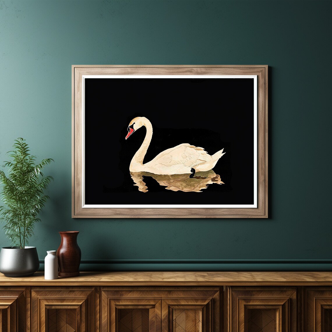White Swan Minimalist Painting Black Background Elegant Bird Wall Art - Image 6