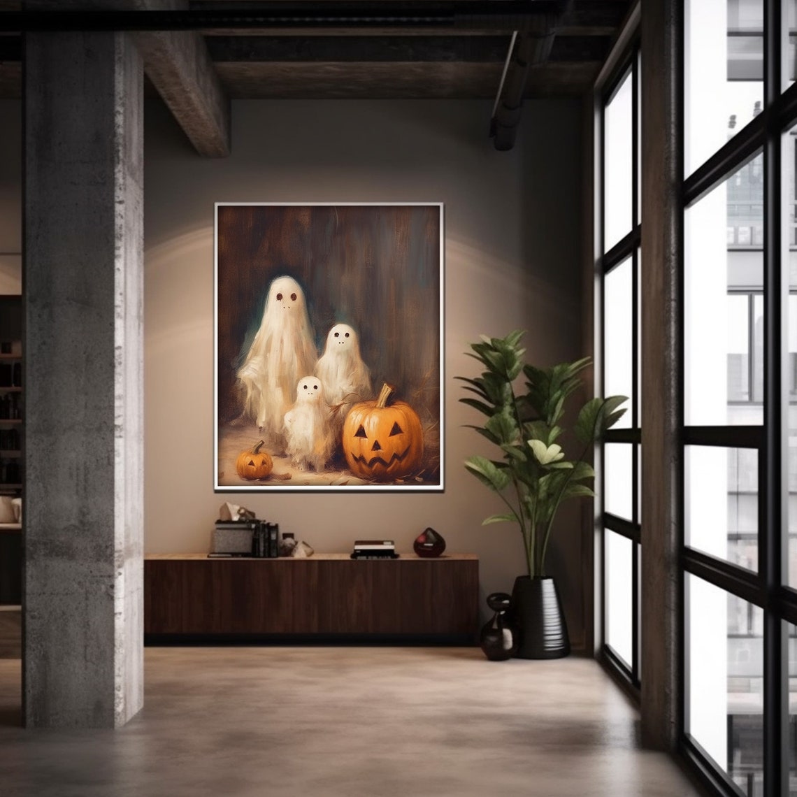 Three Cute Ghosts Pumpkins Halloween Night Moody Gothic Poster - Image 6