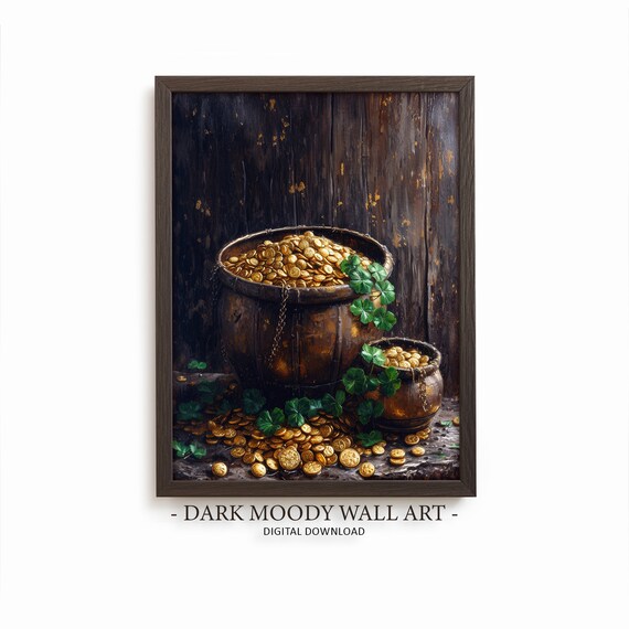 Leprechaun Bucket Of Gold Coins Shamrock Still Life Painting Poster