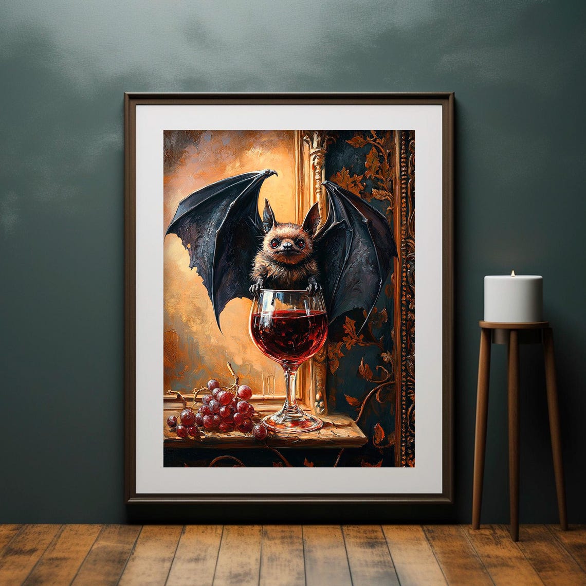 Cute Little Bat Sitting in Wine Glass Grapes Funny Gothic Art Poster - Image 2