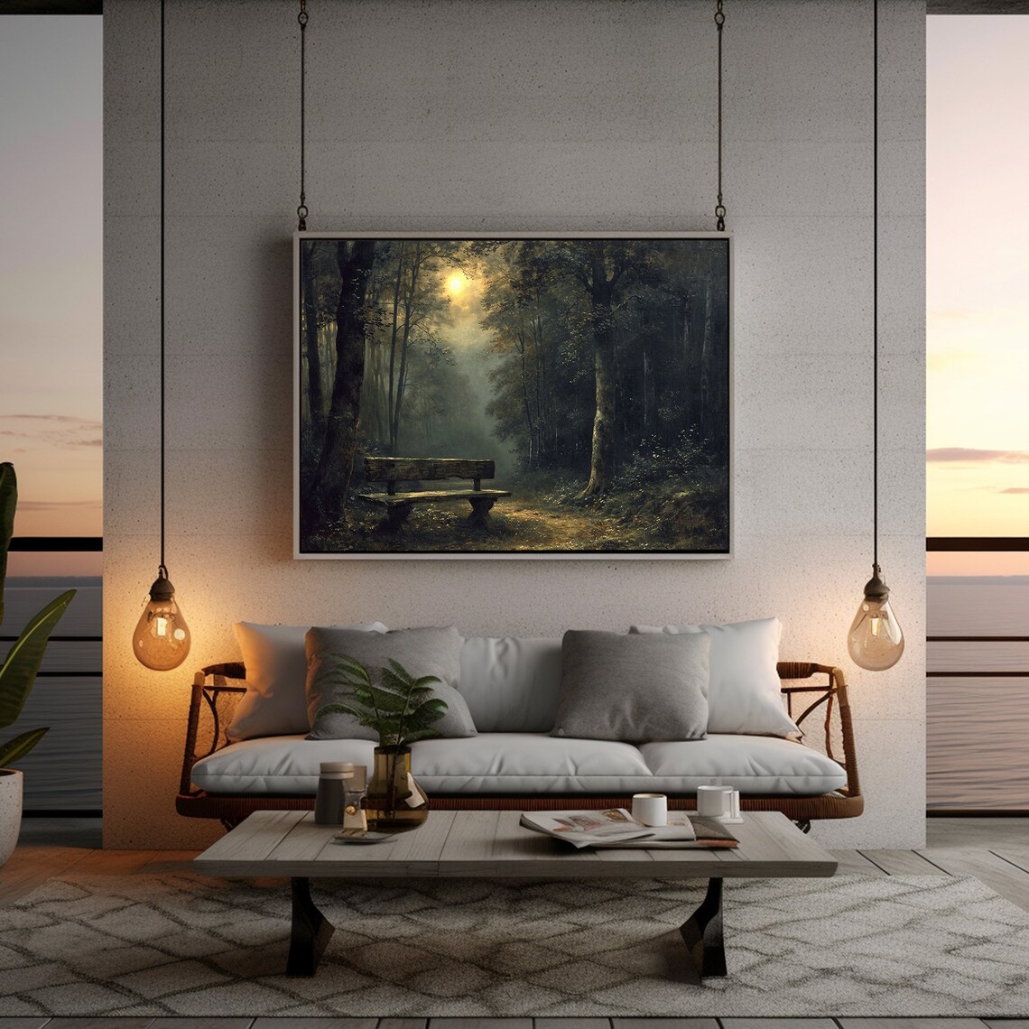 Empty Bench In Foggy Forest Night Dark Moody Woods Painting Poster - Image 3