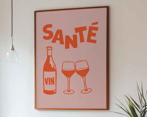 Sante Orange Wine Bottle Glasses Pink Background Kitchen Bar Poster