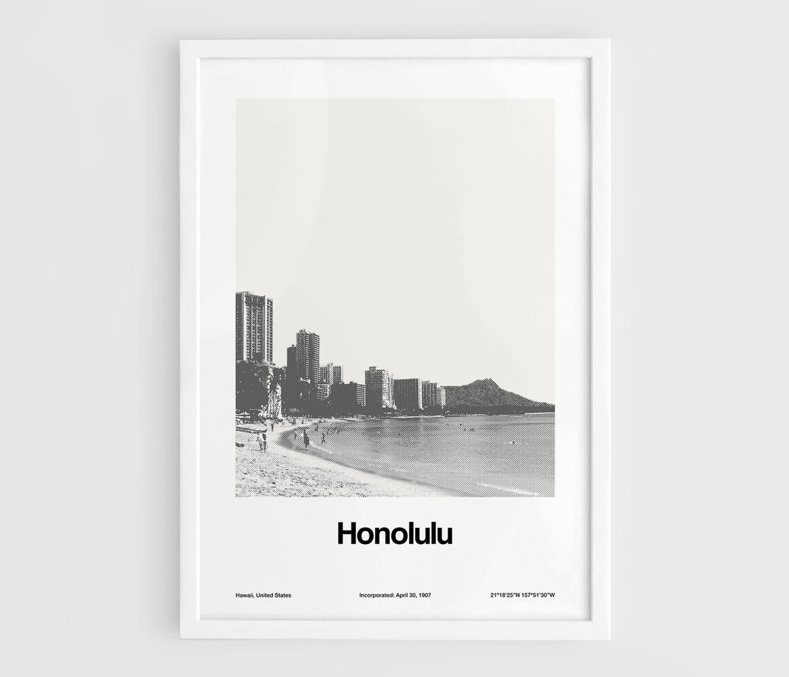 Honolulu Waikiki Beach Skyline, Minimalist Travel Poster