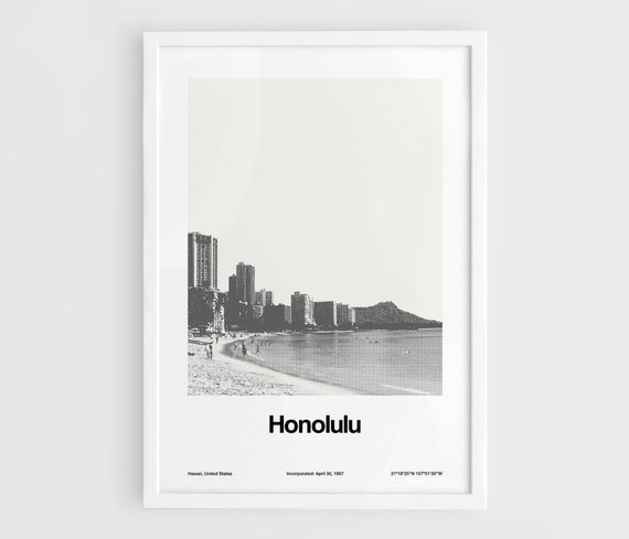 Honolulu Waikiki Beach Skyline, Minimalist Travel Poster