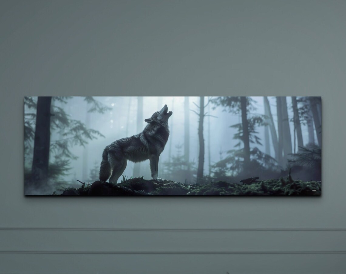 Howling Wolf in Misty Moonlit Forest Dramatic Wildlife Nature Poster