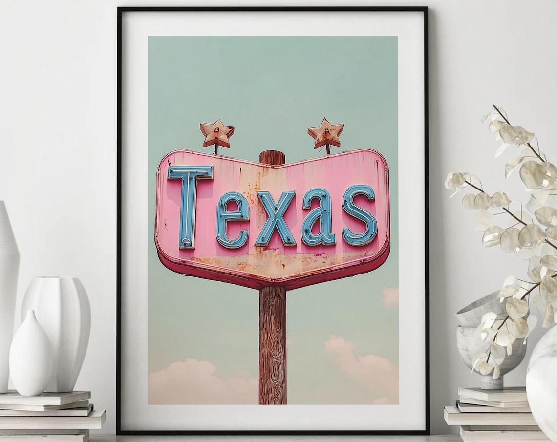 Vintage Texas Neon Sign Pink Star Retro Roadside Photo Art Poster