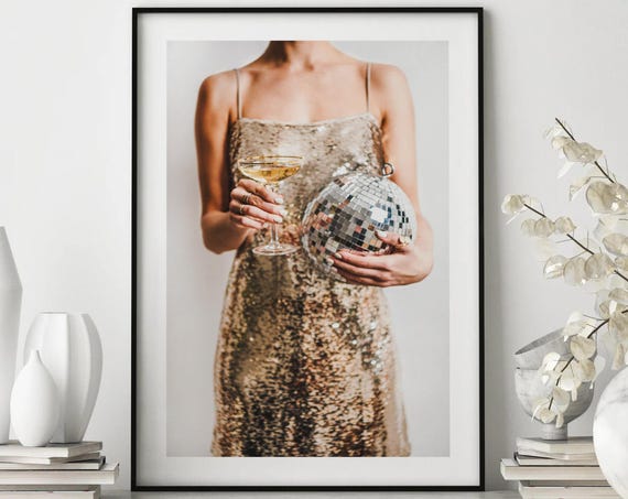 Women With Disco Ball Poster Bar Cart Art Women With Disco Ball Retro Wall Art Vintage Disco Art Funky Home Decor