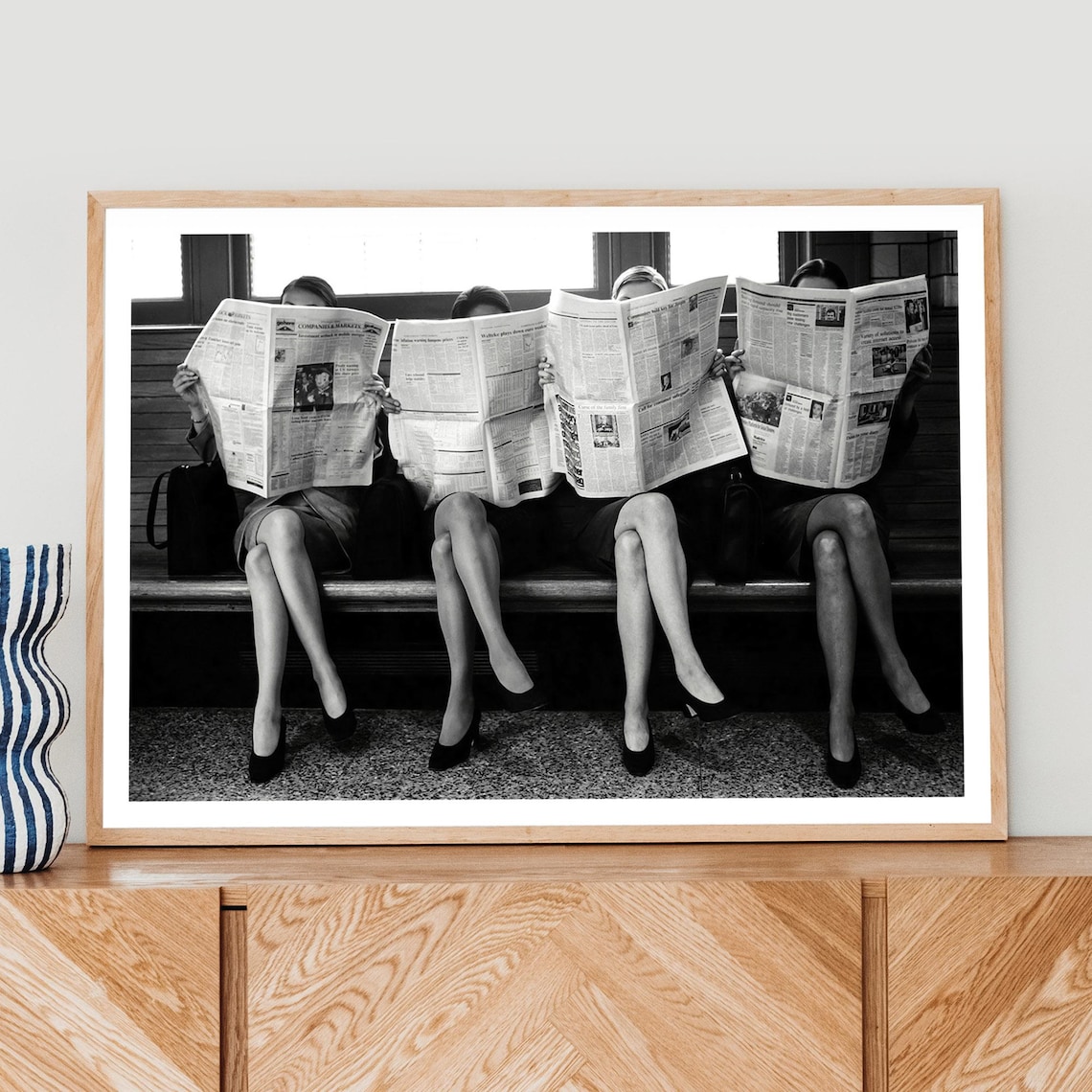 Women Reading Newspapers Vintage Black White Photo Art Poster