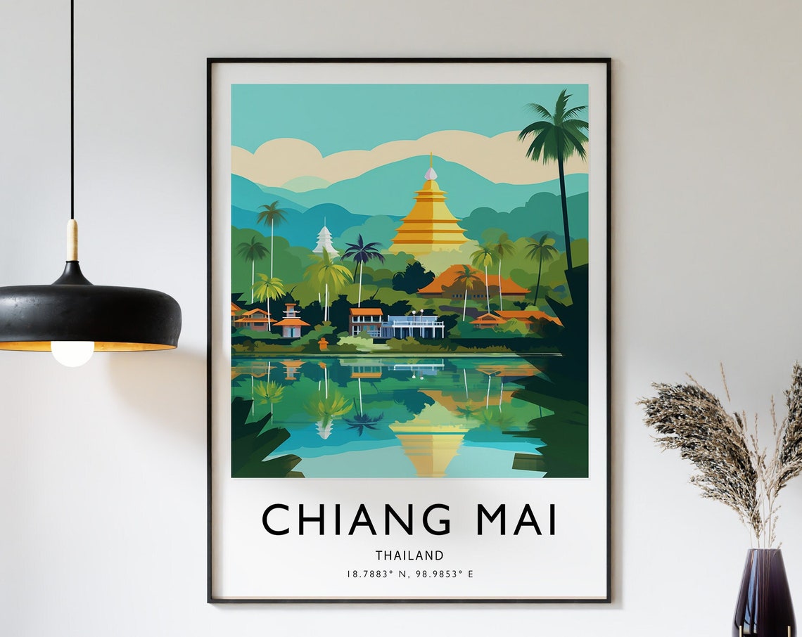 Chiang Mai Thailand Golden Temple Lake Palm Tree Vector Travel Poster