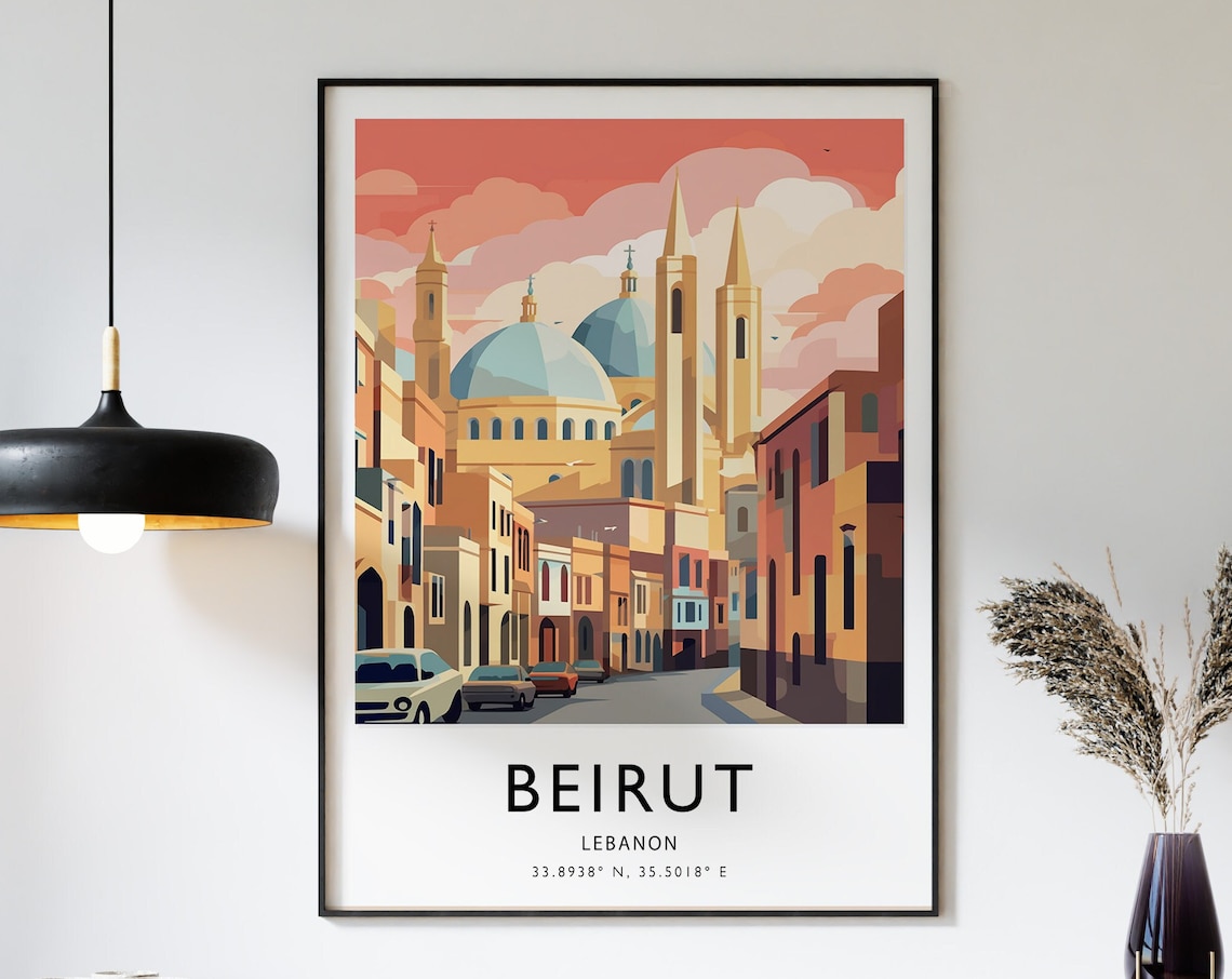 Beirut Lebanon Blue Domed Cathedral Street Illustration Poster