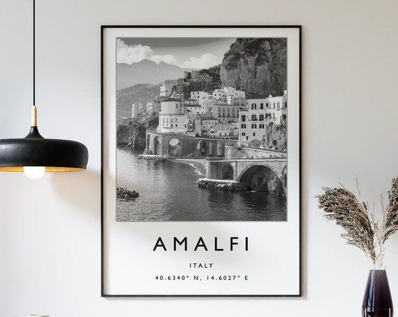 Amalfi Travel Poster, Black And White Italy