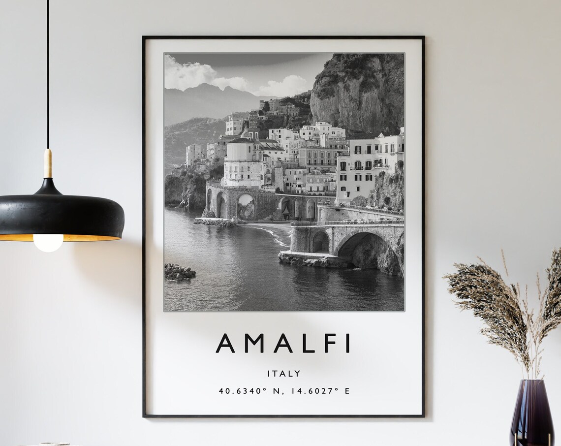 Amalfi Travel Poster, Black And White Italy
