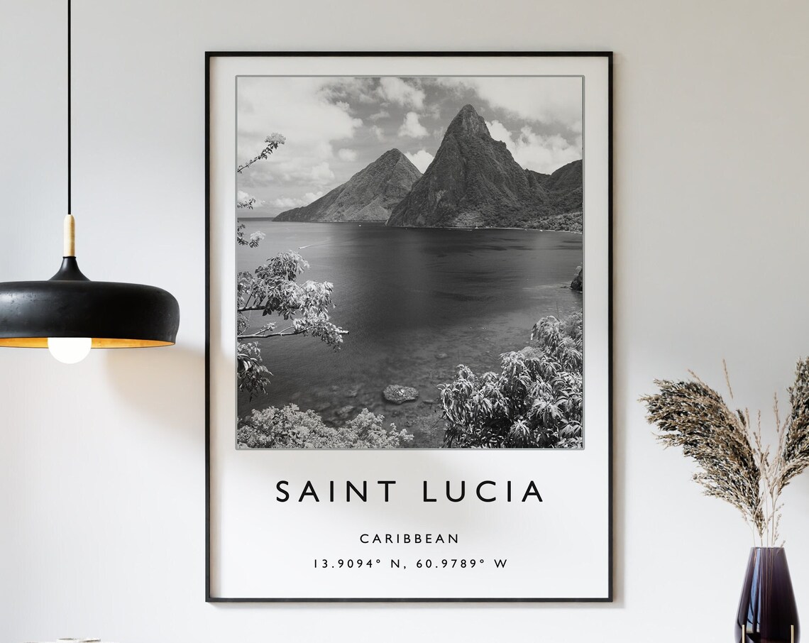 Saint Lucia Caribbean Pitons Twin Peaks Black White Photo Travel Poster
