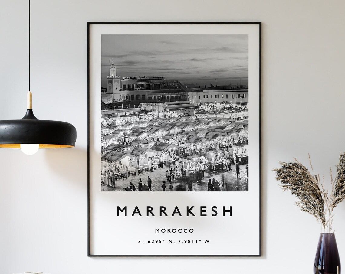 Marrakesh Morocco Black White Market Square Dusk Photography Poster