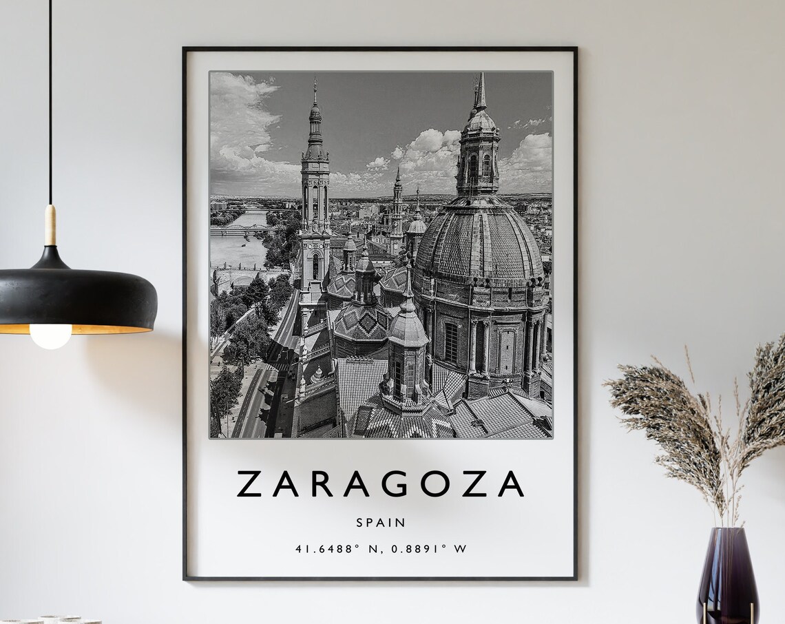 Zaragoza Spain Basilica Domes Black and White Photo Travel Poster