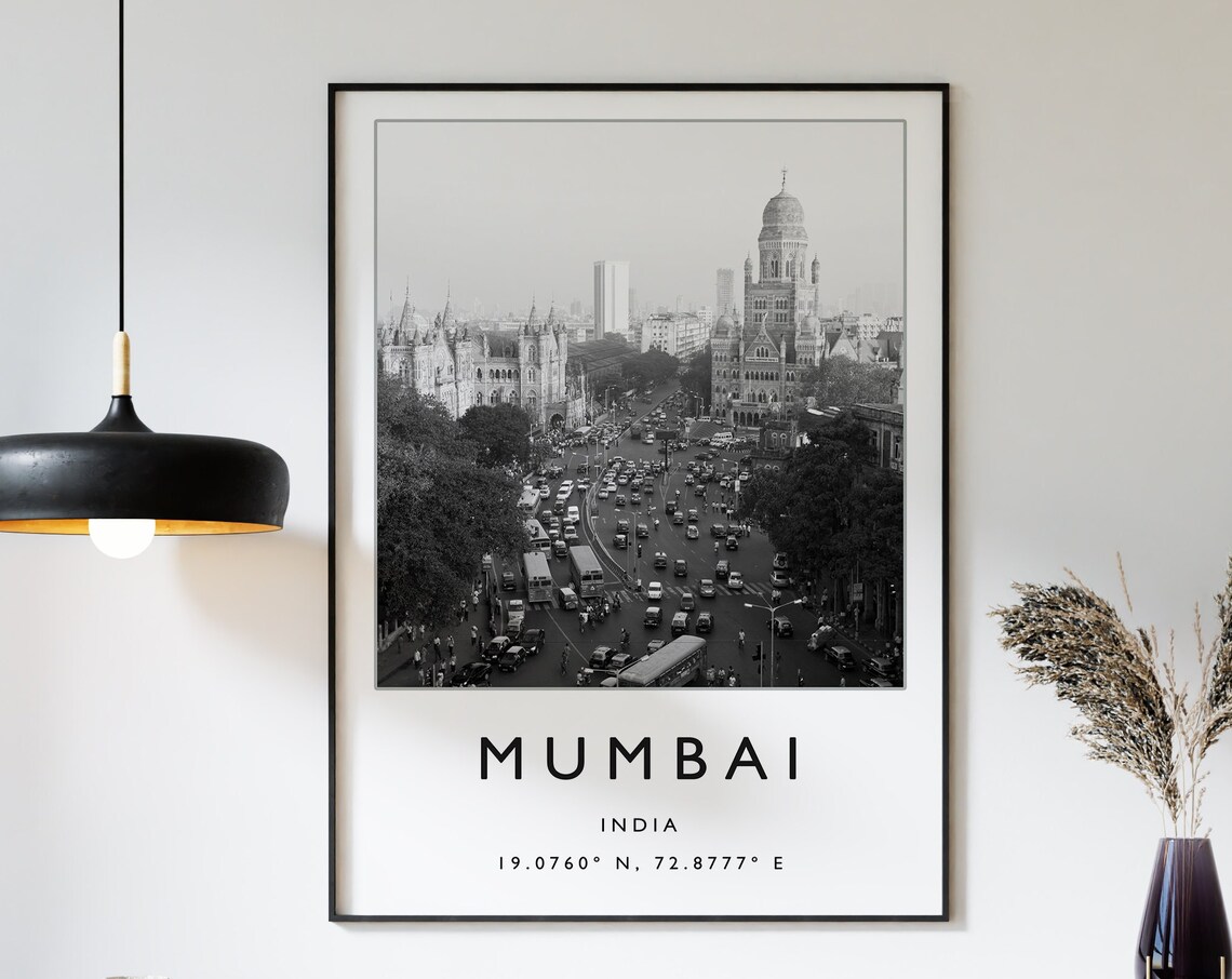 Mumbai Travel Poster, Black and White India Art