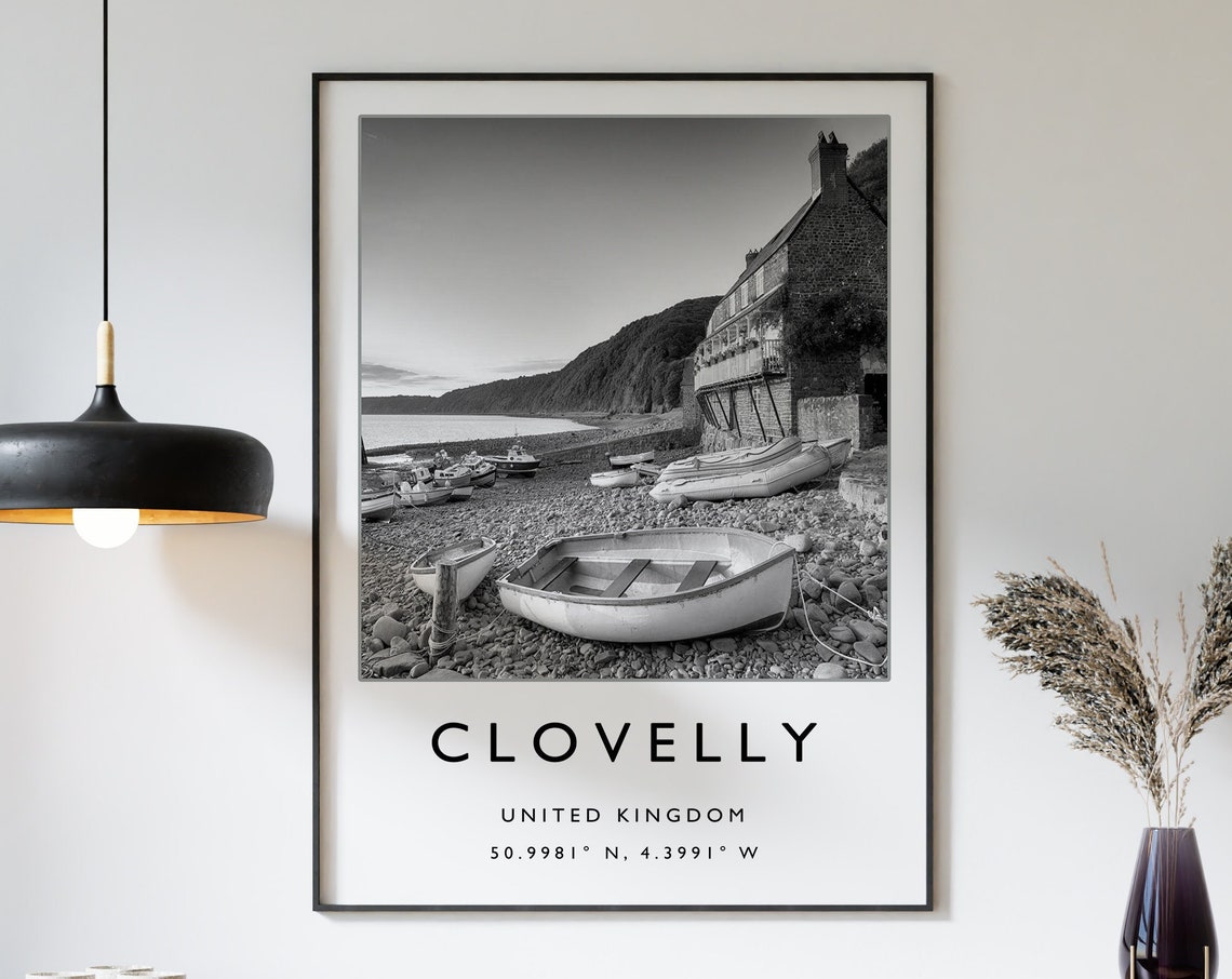 Clovelly Travel Print Clovelly England Travel Poster Uk Coast Travel Print Travel Art Travel Poster Black And White Gift A2a3a4