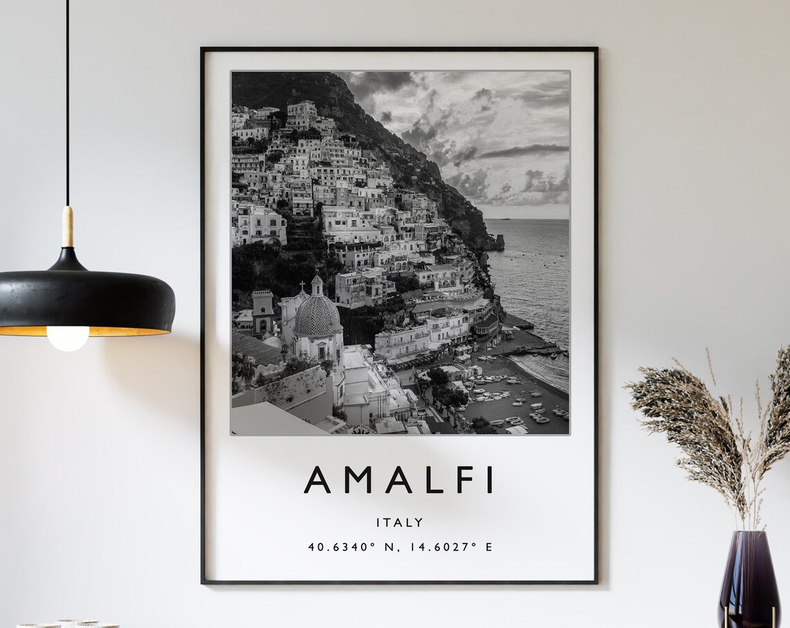Amalfi Travel Poster, Black And White Italy Art