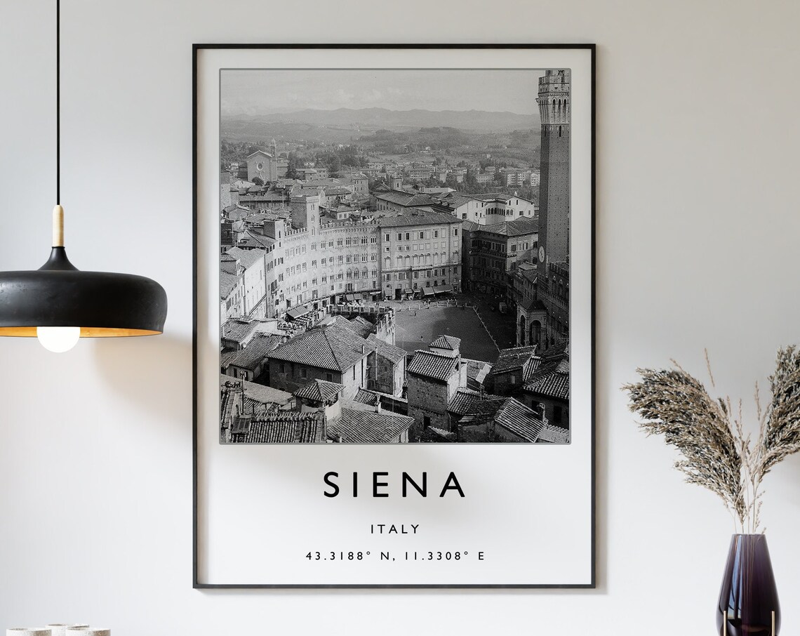 Siena Italy Black and White Old Town Square Aerial Photo Poster
