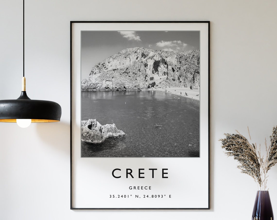 Crete Greece Black and White Rocky Cove Beach Coordinates Photo Print