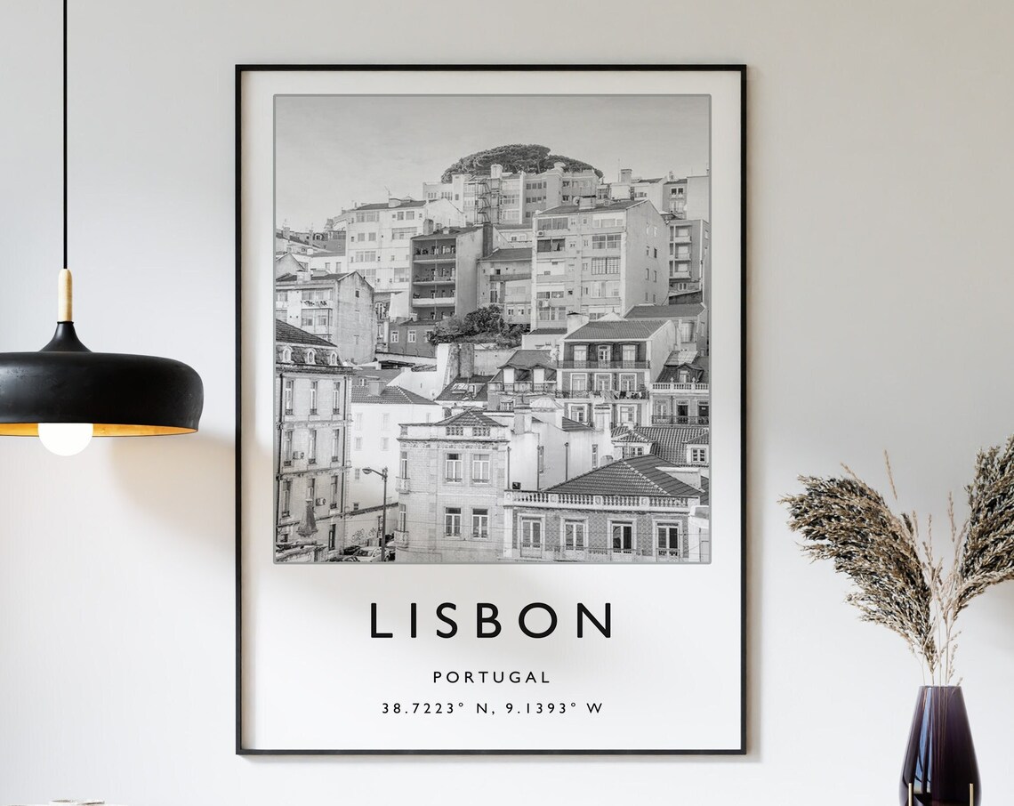 Lisbon Portugal Black and White Hillside Old Town Photo Poster