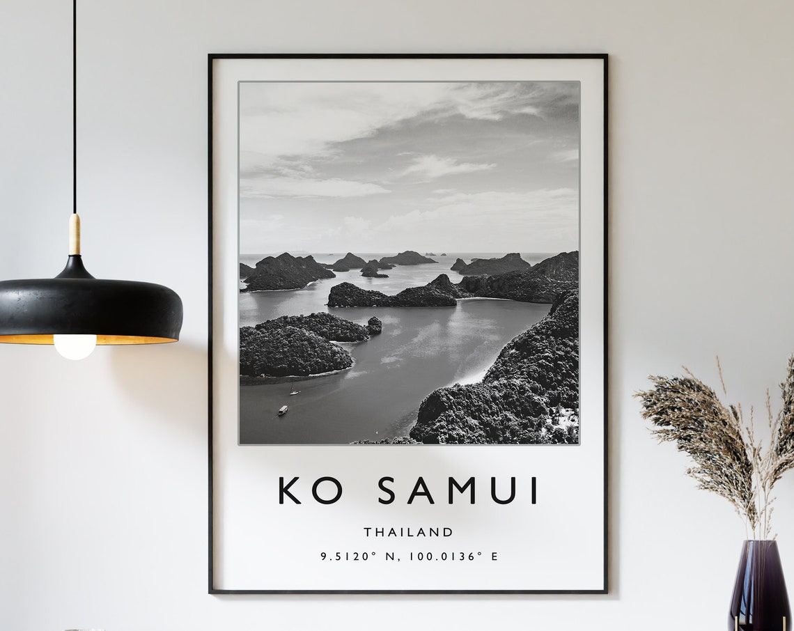 Ko Samui Thailand Black and White Aerial Islands Modern Travel Poster